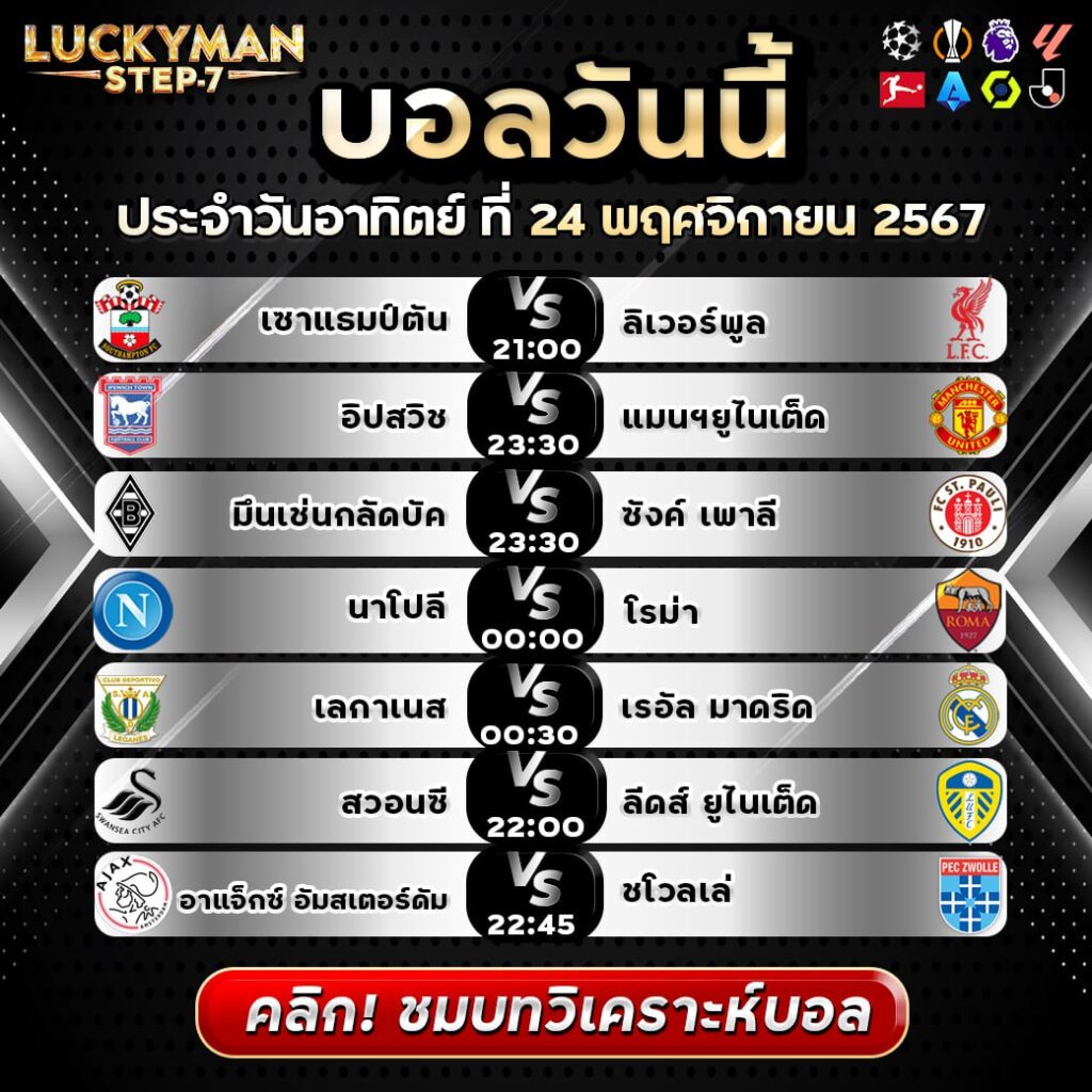 วิเคราะห์บอลวันนี้ ทีเด็ด สเต็ป วันอาทิตย์ที่ 24 พฤศจิกายน 2567