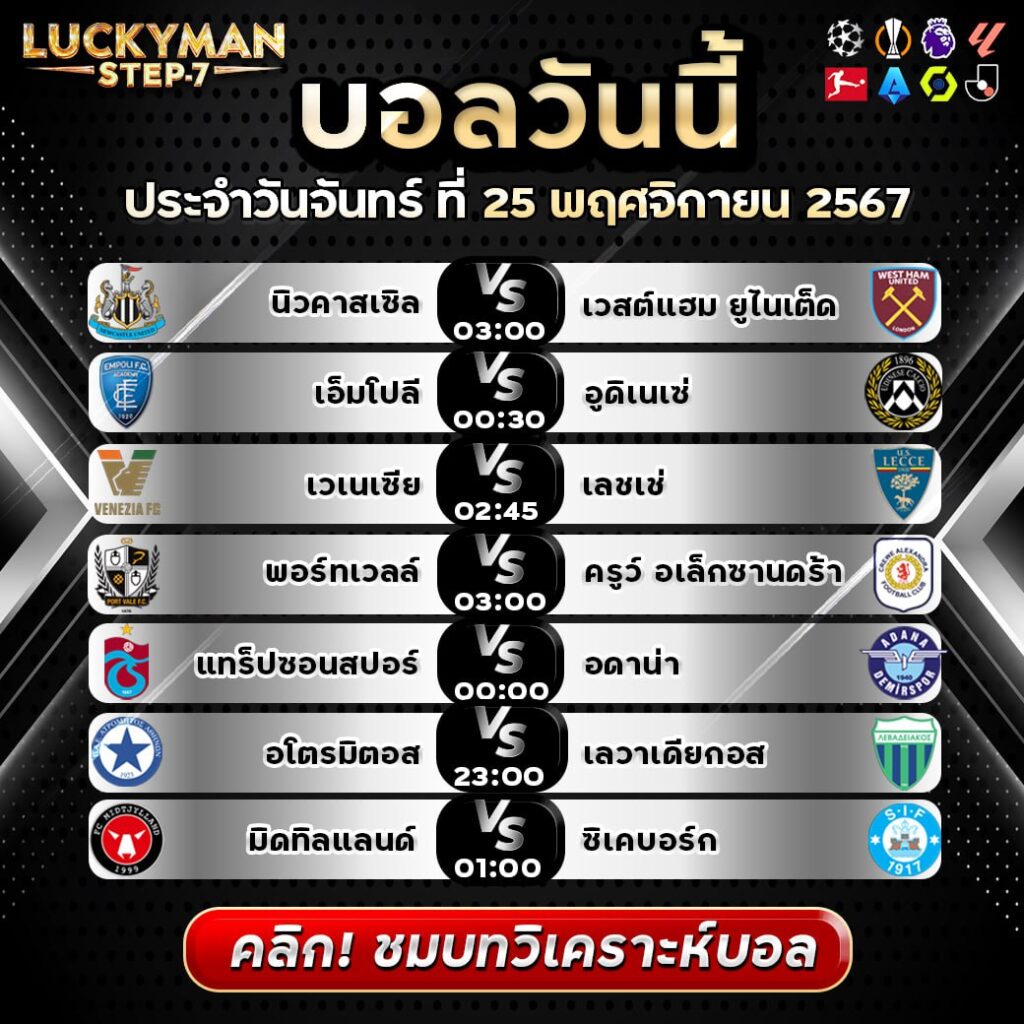 วิเคราะห์บอลวันนี้ ทีเด็ด สเต็ป วันจันทร์ที่ 25 พฤศจิกายน 2567