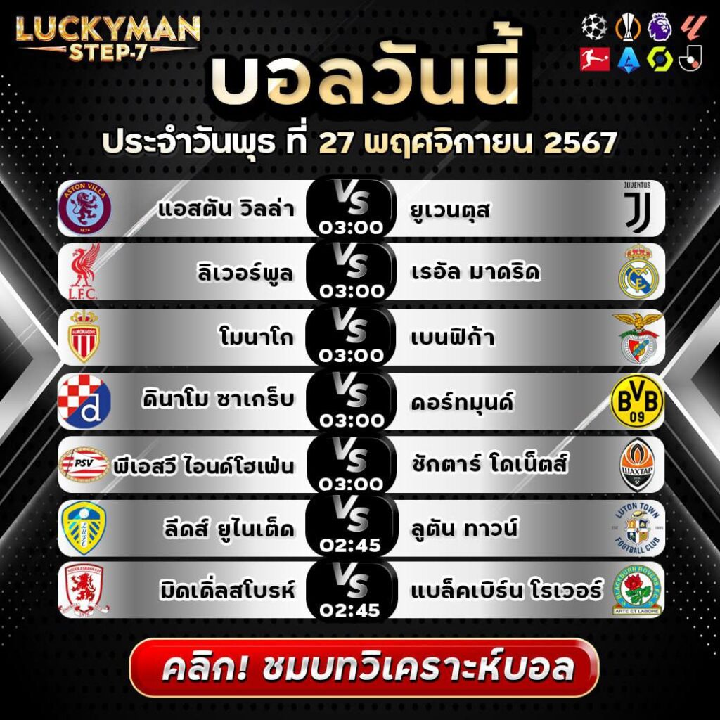 วิเคราะห์บอลวันนี้ ทีเด็ด สเต็ป วันพุธที่ 27 พฤศจิกายน 2567